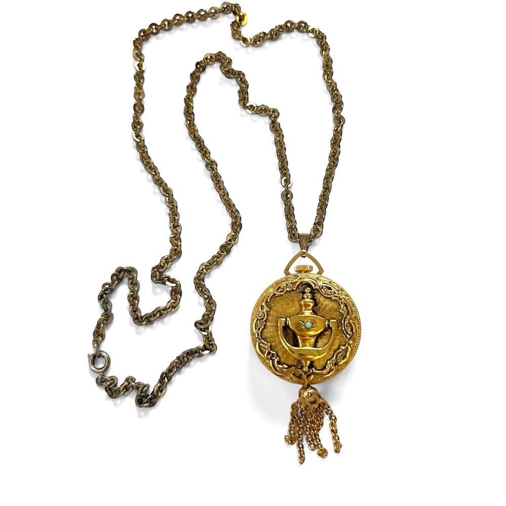 Vintage Lucerne Swiss Made Gold Ornate Tassel Pocket Watch Pendant Necklace